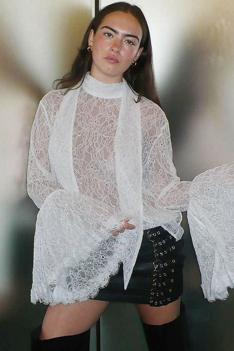 French Style Lace Blouse with Ruffled Sleeves
