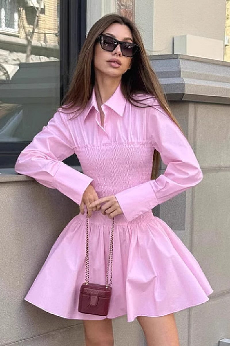 Pink Lapel Shirt Dress for Women
