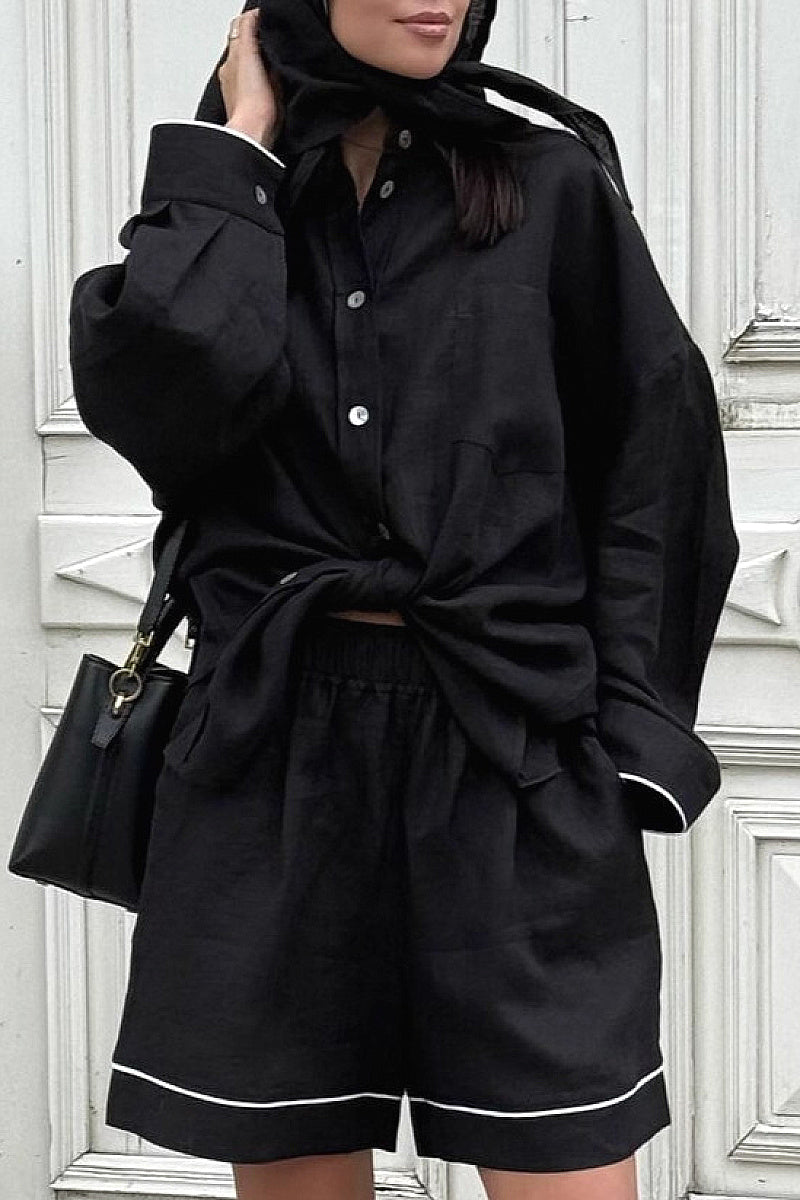 Casual Spring Autumn Women's Set with Loose Shirt and Shorts