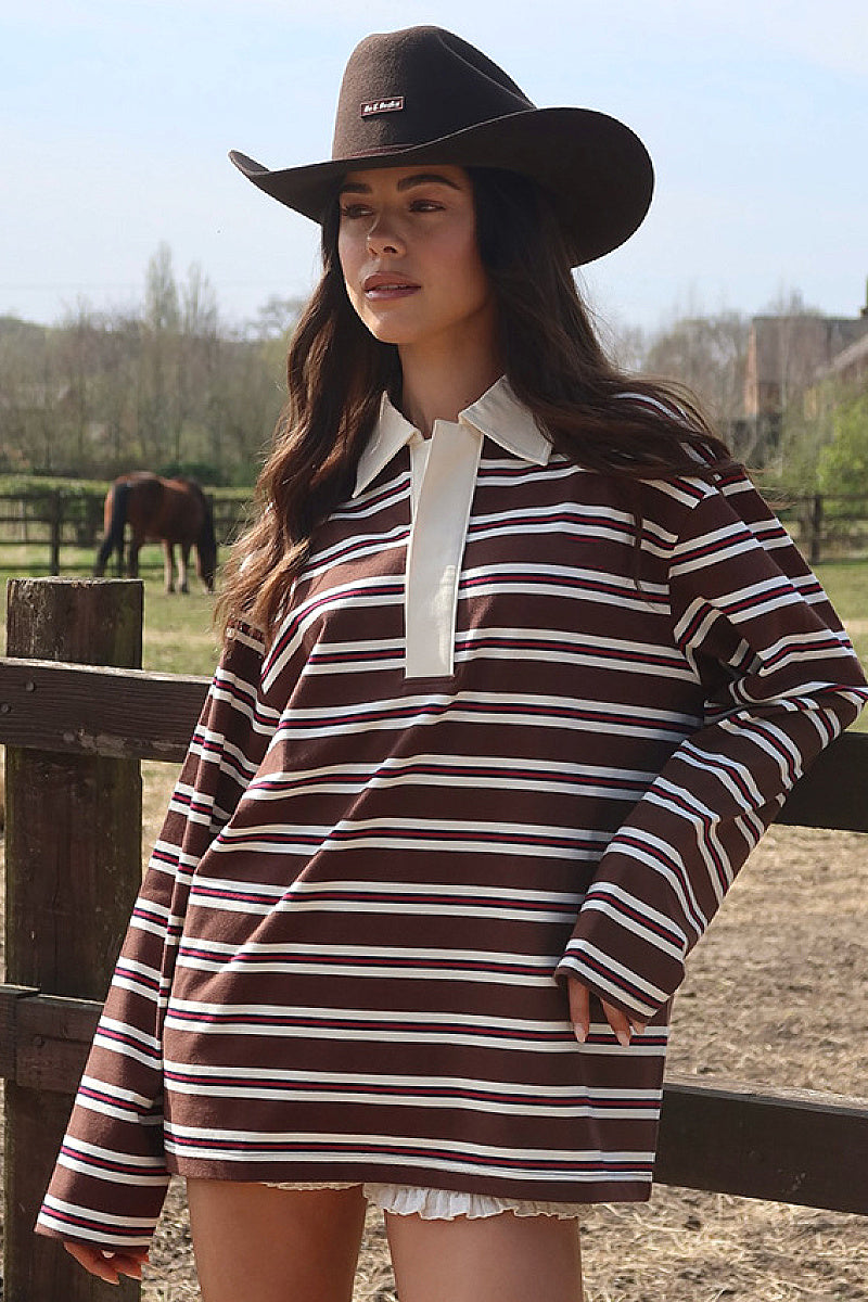 Spring Loose Striped Polo Neck Long Sleeve Top
