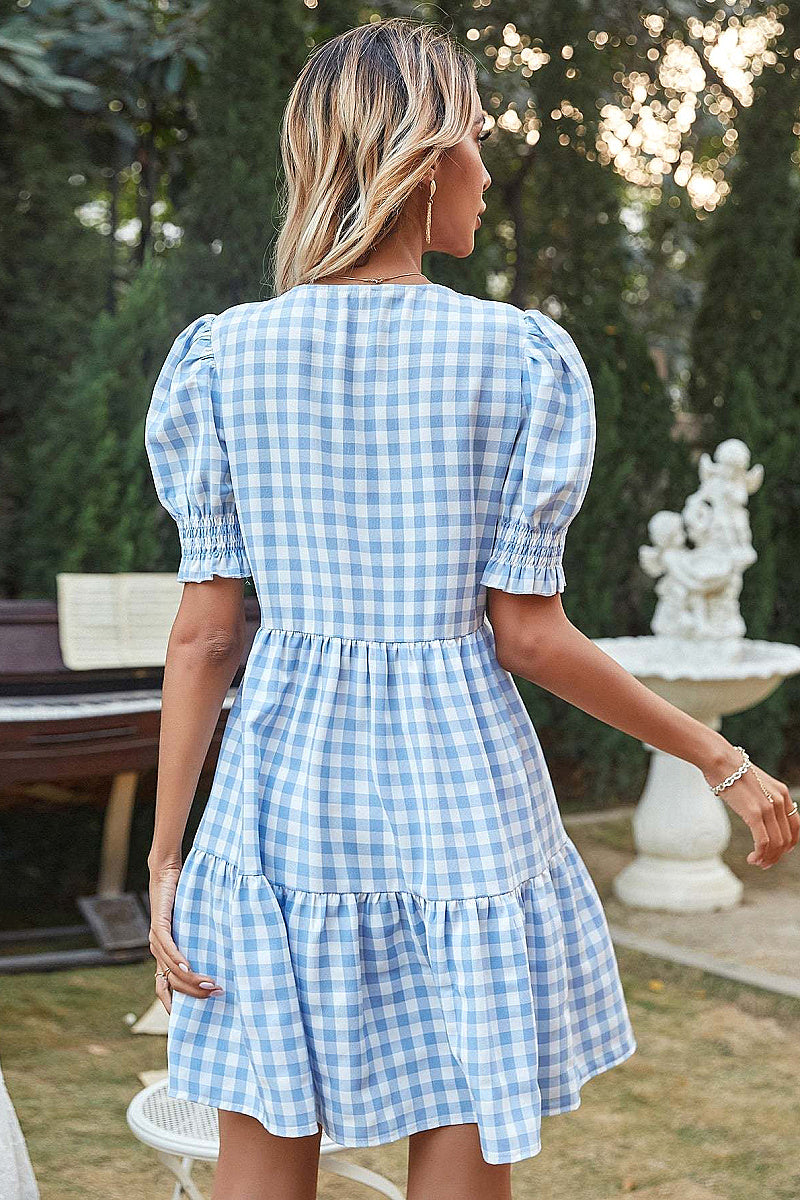 Retro V-Neck Puff Sleeve A-Line Dress