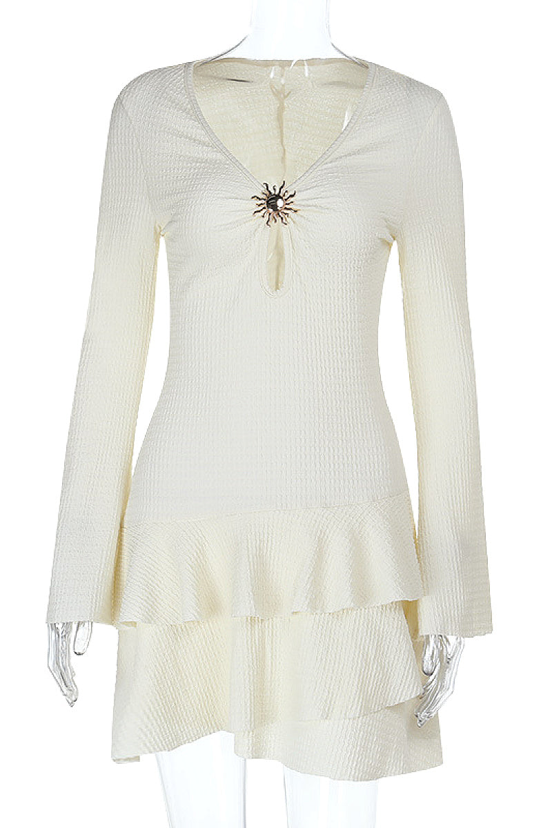 New Women's Hollow Layered Dress with Metal Buckle