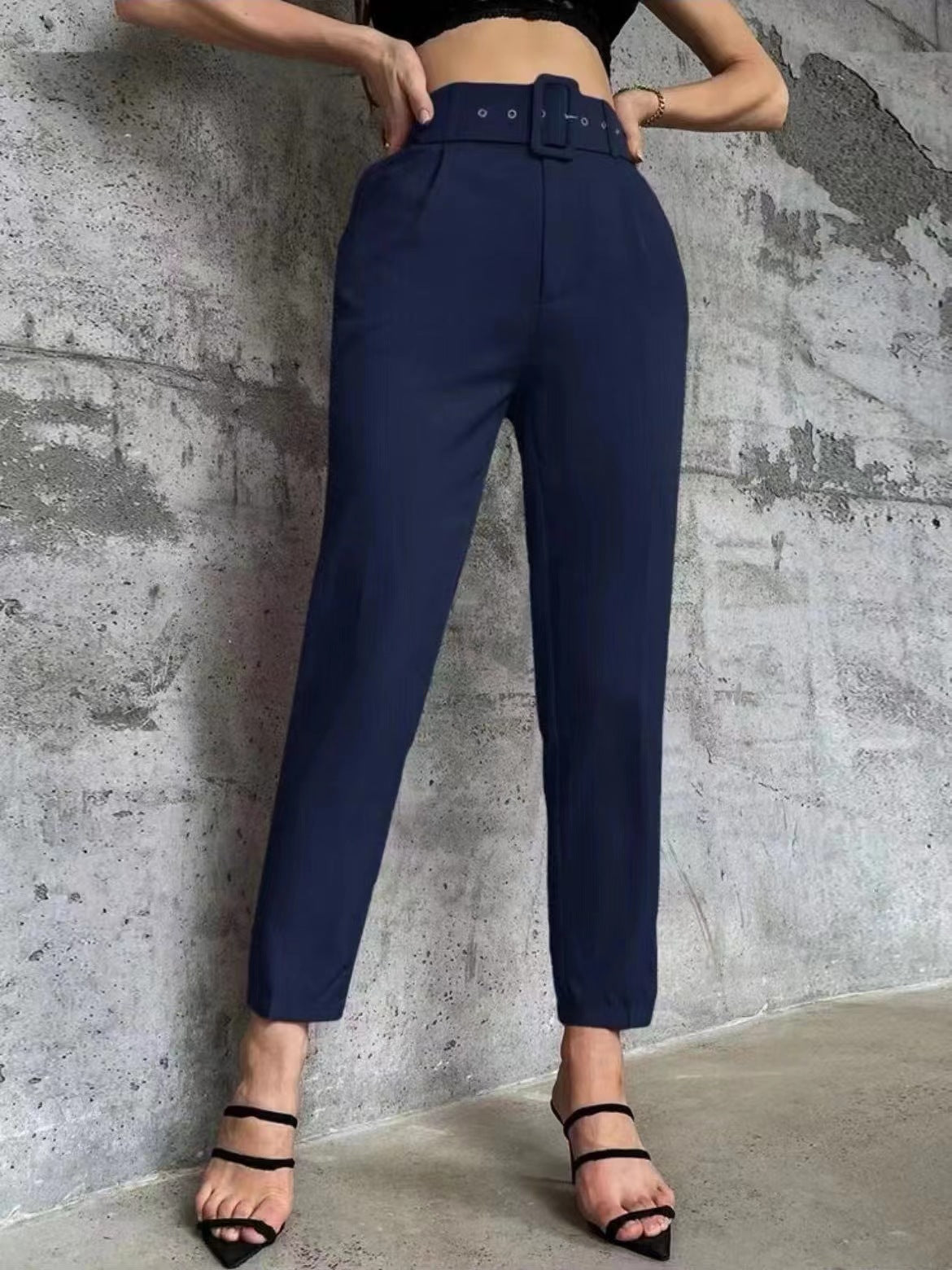 Casual High Waist Straight Leg Pants with Belt