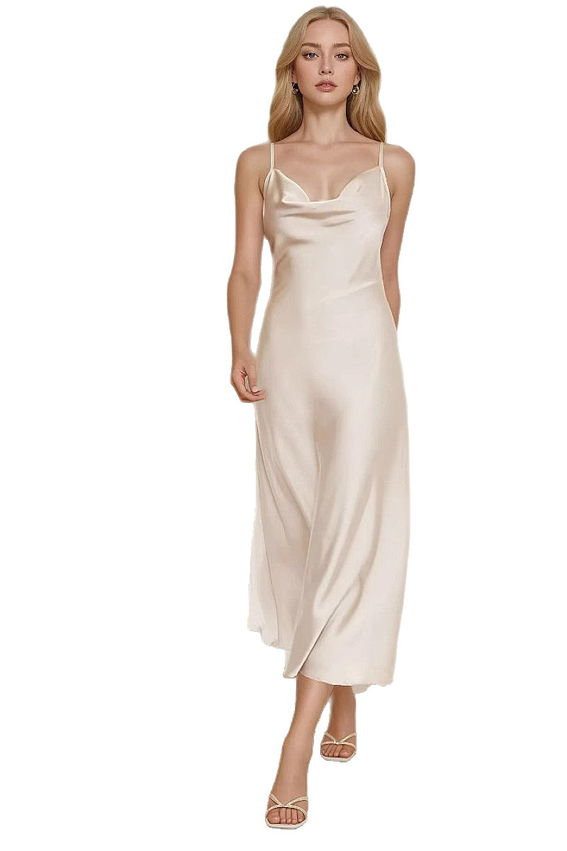 New Women's Satin Maxi Dress with Spaghetti Straps