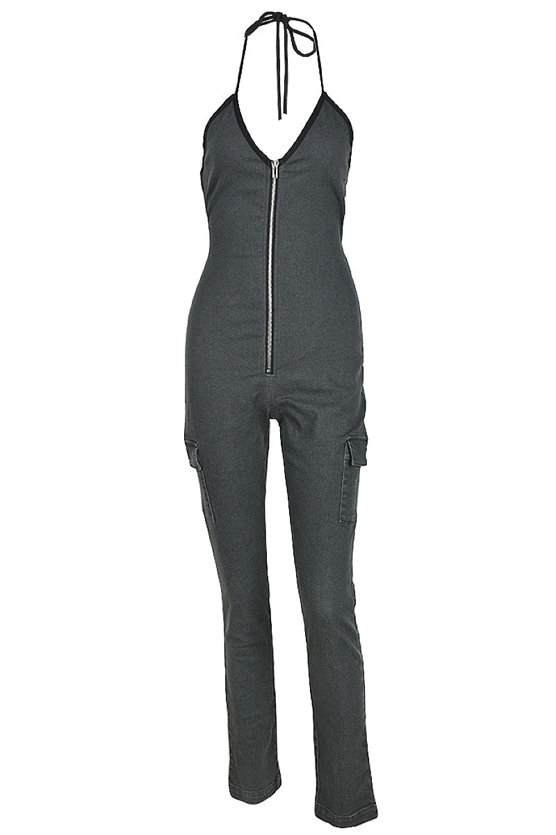 Summer Fashionable Zipper Long Denim Jumpsuit