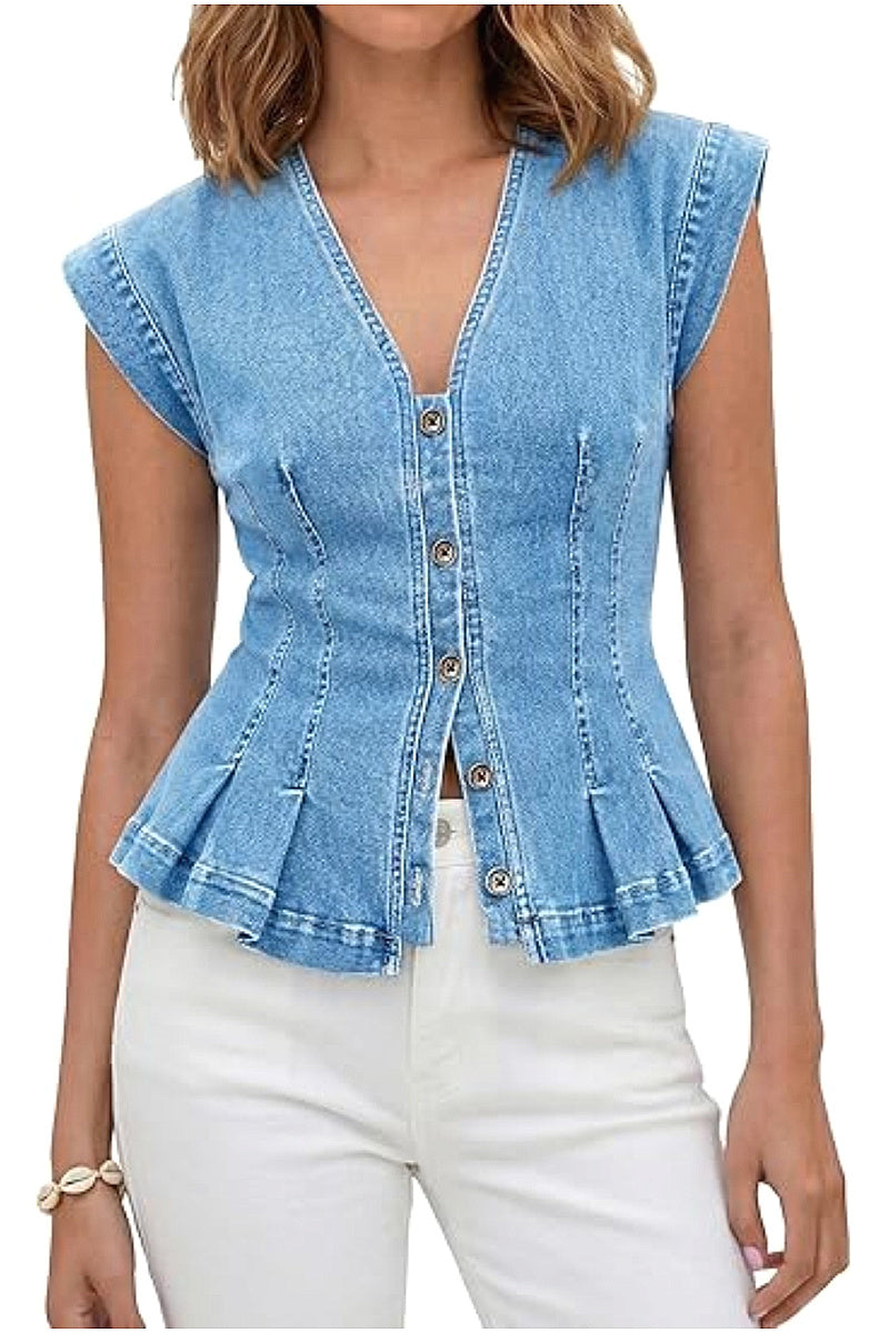 Women's V-Neck Denim Vest Top for Casual Wear