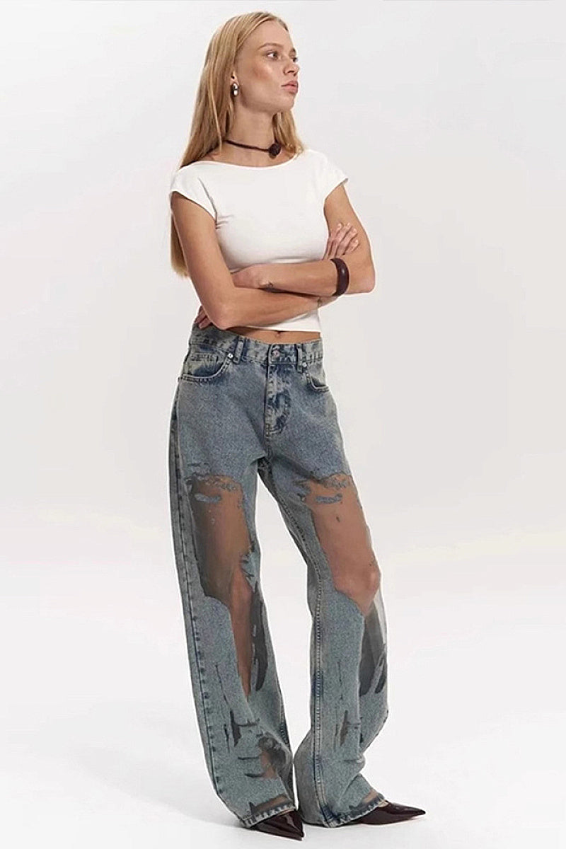 Y2K Vintage Straight Leg Jeans with Hollow Design
