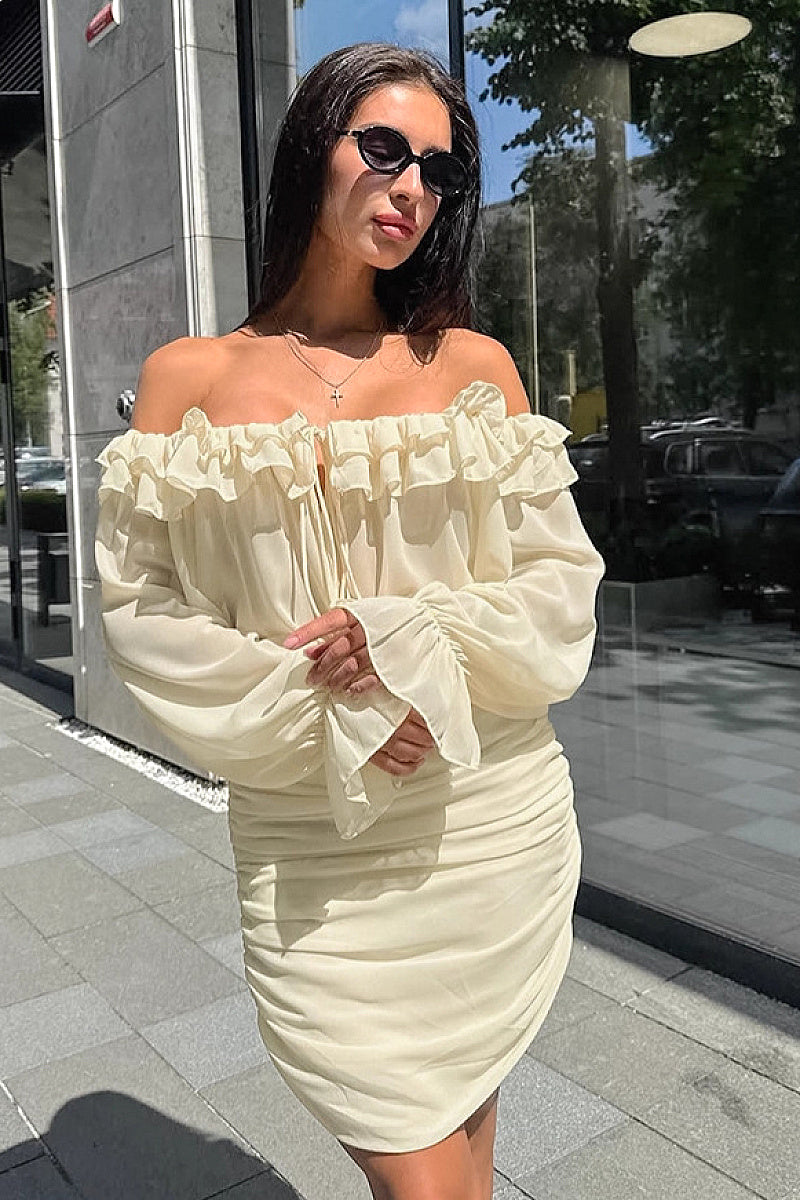 French Style Ruffled Dress in Apricot