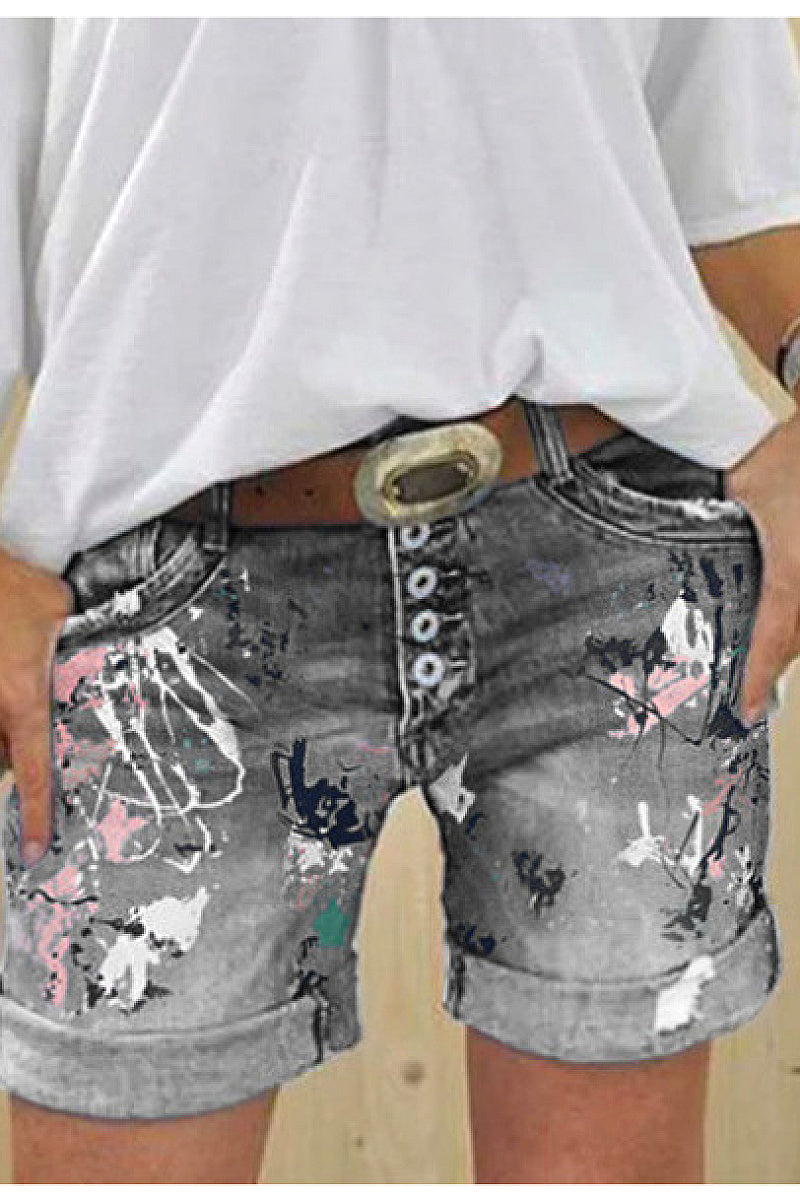 High-Waisted Elastic Printed Denim Shorts