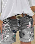 High-Waisted Elastic Printed Denim Shorts