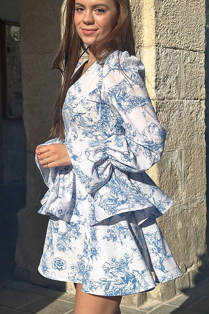 Elegant V-Neck Floral Long Sleeve Dress