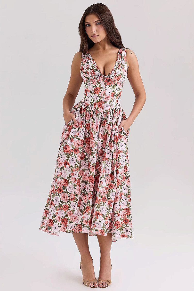 Summer Slim Fit Floral V-Neck Dress