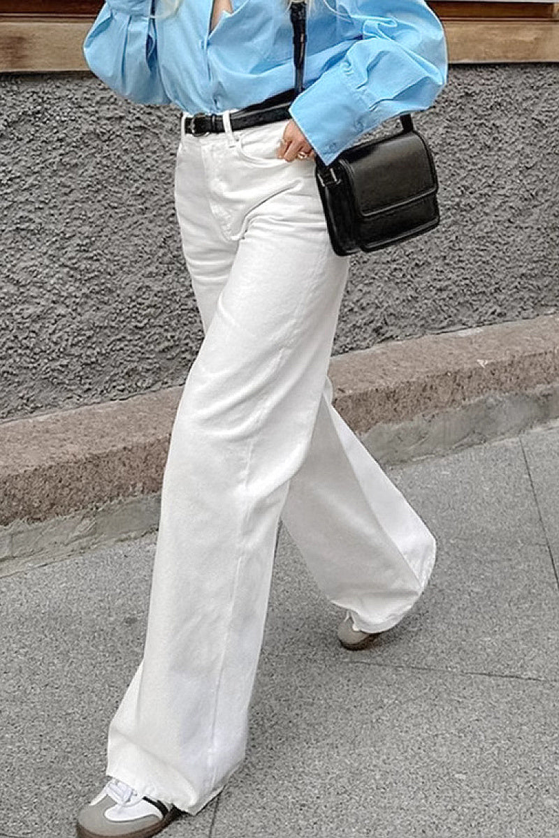 High Waist White Straight Leg Jeans for Women