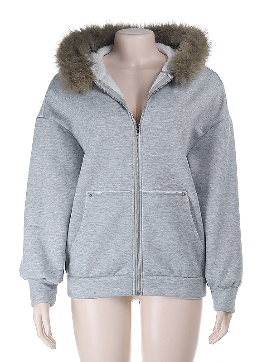 Black Hooded Sweatshirt with Fur Collar for Women