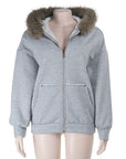 Black Hooded Sweatshirt with Fur Collar for Women