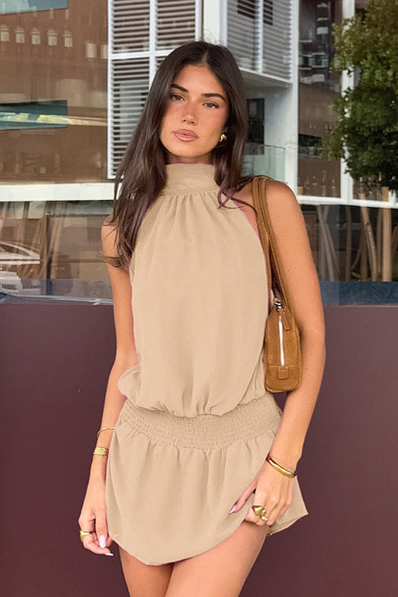 Summer Sleeveless Halter Dress in Khaki