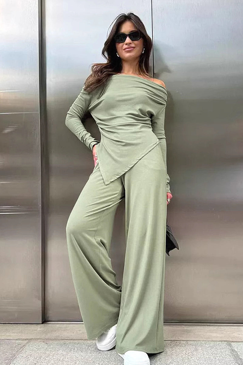 Off Shoulder Knit Set with Long Pants
