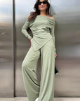 Off Shoulder Knit Set with Long Pants