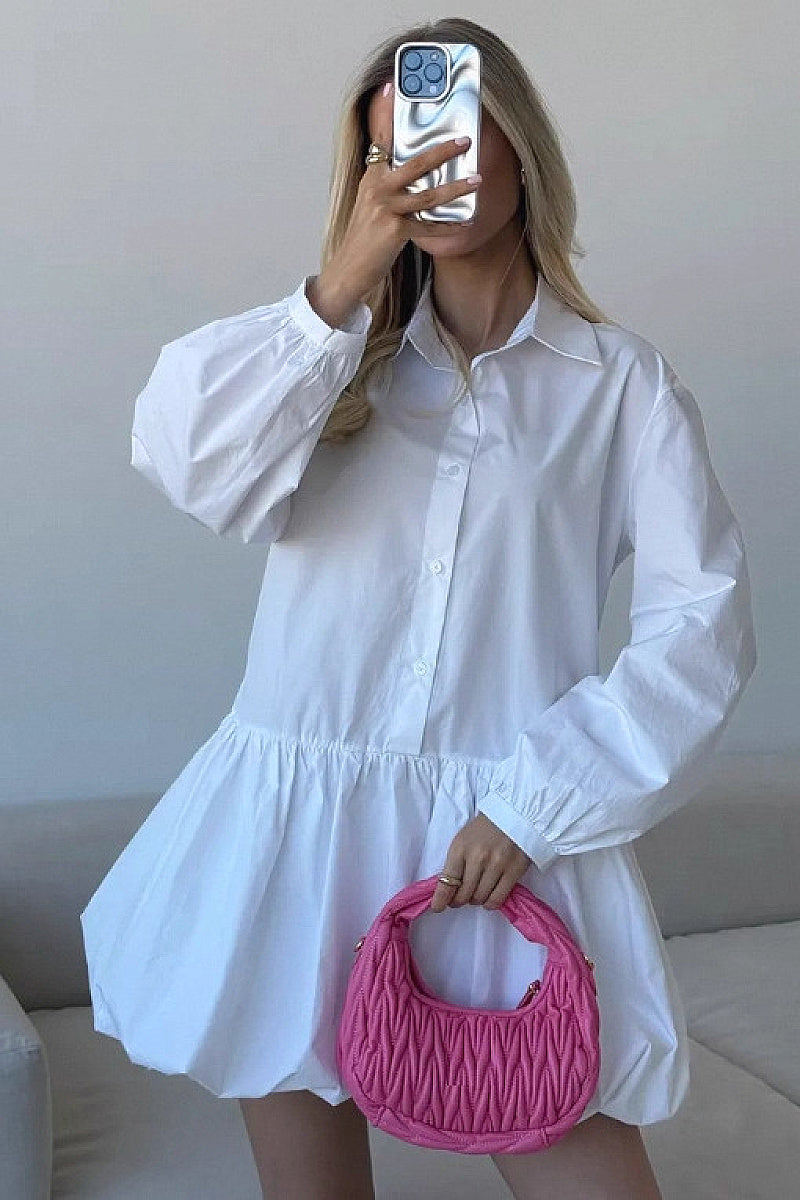 Sweet Puff Sleeve Buttoned A-Line Dress