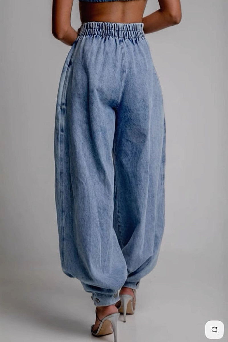 High Waist Zipper Cuffed Denim Pants for Women