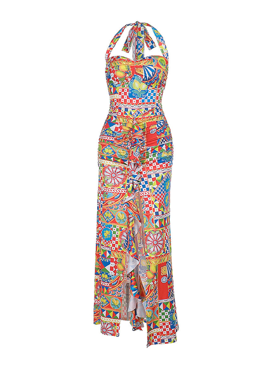 Colorful Summer Dress with Halter Neck