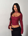 Lace Sheer Long Sleeve Top with Tie