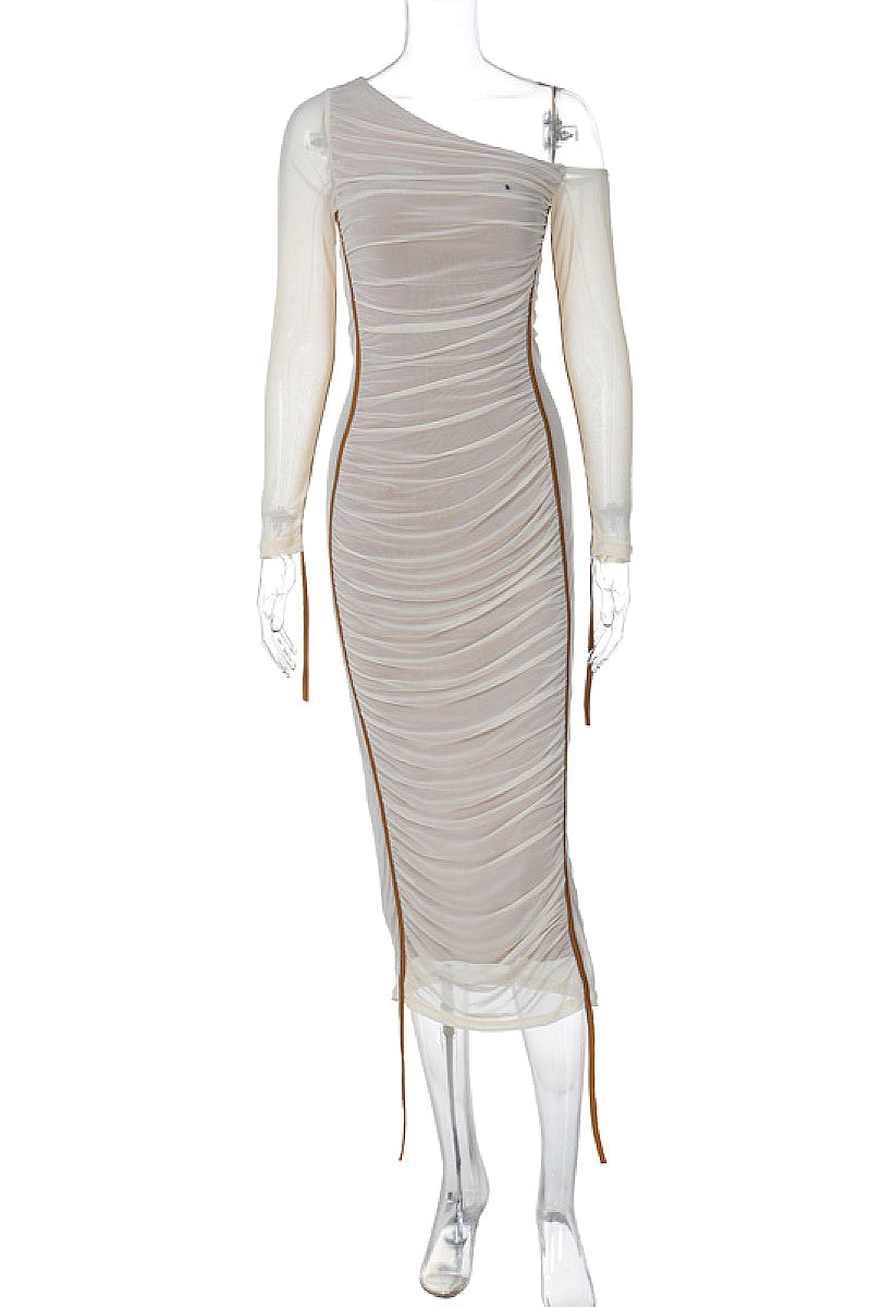 Spring New Women's Long Sleeve Mesh Shoulder Dress