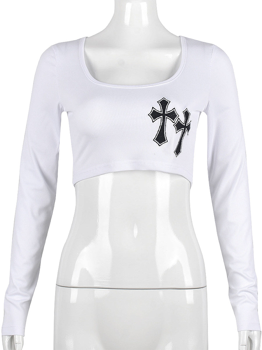 Trendy Women's U-Neck Cropped Long Sleeve Top