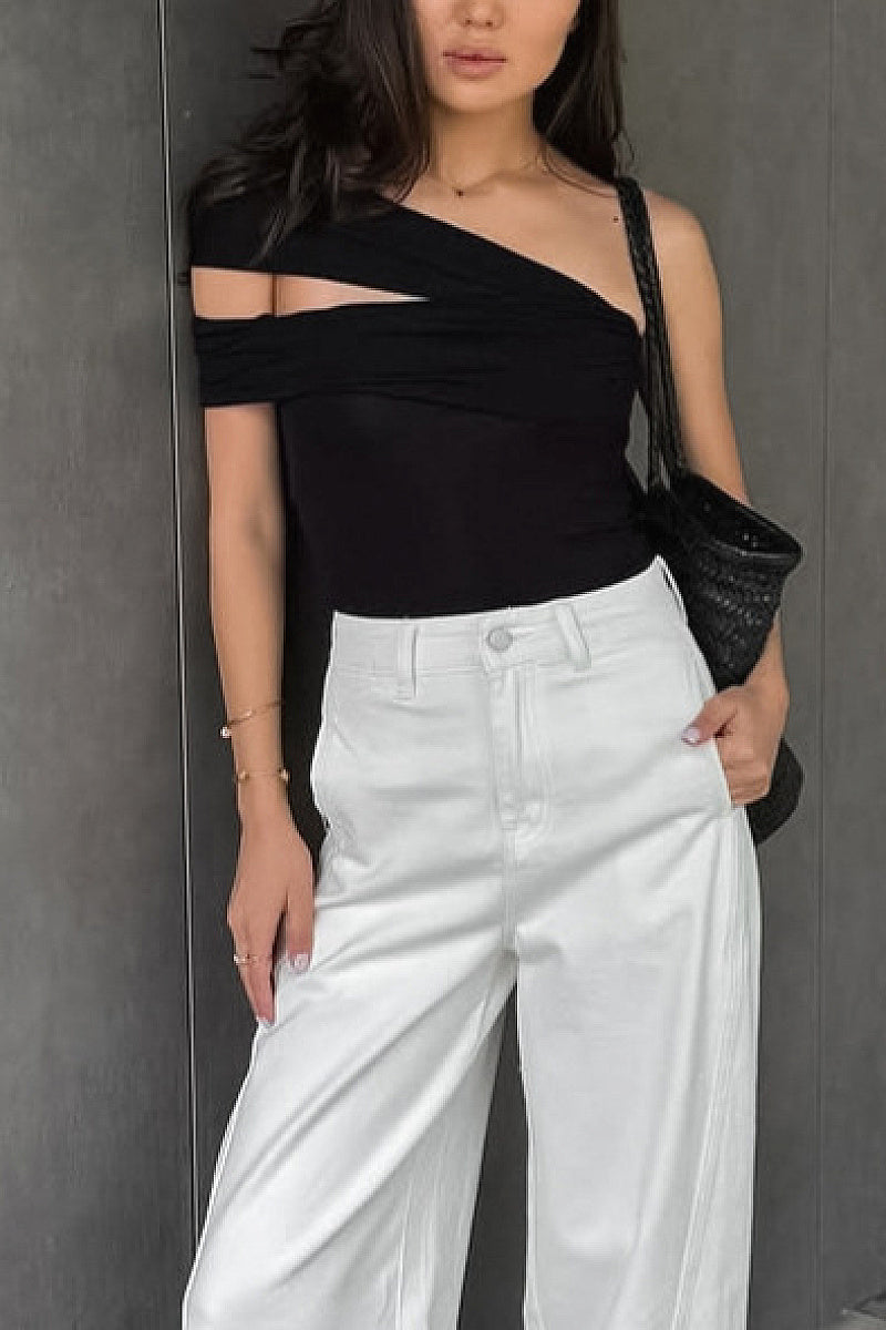 Stylish Asymmetrical Shoulder Knit T-Shirt for Women