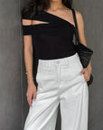Stylish Asymmetrical Shoulder Knit T-Shirt for Women