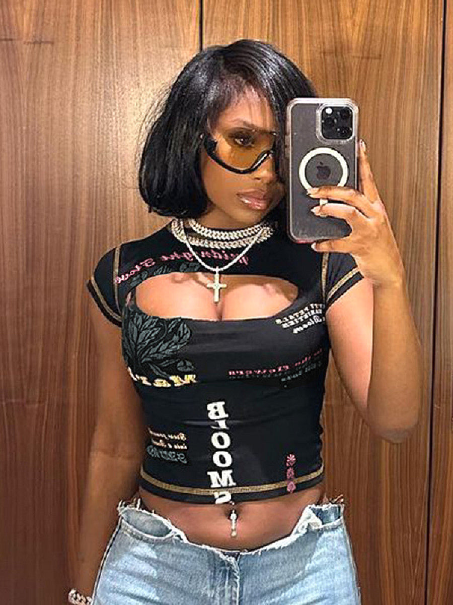 Sexy Hollow Out Letter Print T-Shirt for Women
