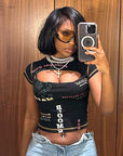 Sexy Hollow Out Letter Print T-Shirt for Women