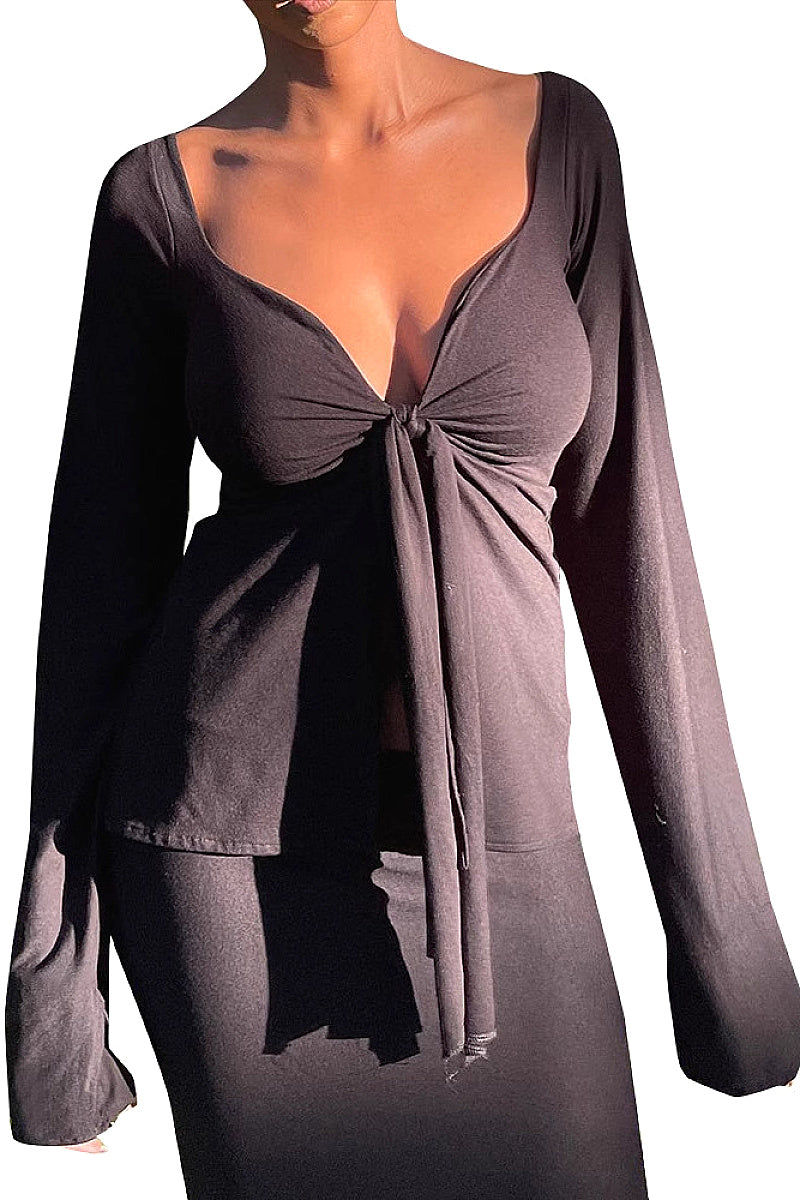 Knot Front Long Sleeve V-Neck Top