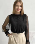 Elegant Solid Color Long Sleeve Puff Sleeve Top