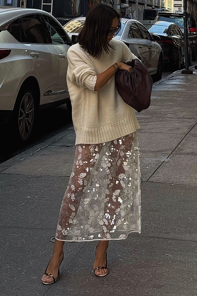 Summer Sequined Lace Midi Skirt with Slit