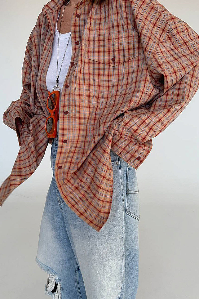 Loose Vintage Plaid Long Sleeve Shirt for Women