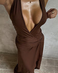Deep V Neck Ruffle Hem A-Line Dress