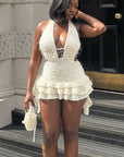 V-Neck Hollow Out Mini Dress with Tie Back