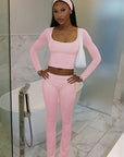 Autumn Casual Solid Color Square Neck Set