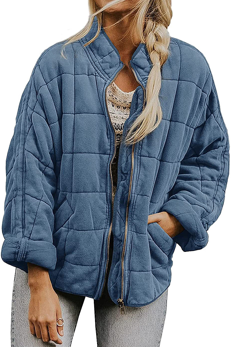 Solid Color Stand Collar Cotton Jacket for Women