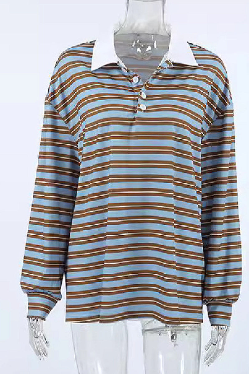 V-Neck Color Block Striped Long Sleeve T-Shirt