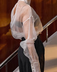 European and American Sheer Long Sleeve Blouse with Puff Sleeves
