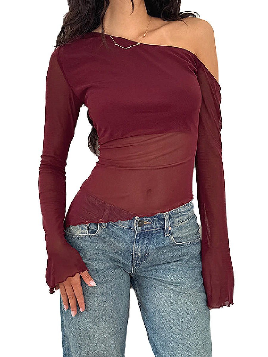 Fashionable Casual Sheer Shoulder Long Sleeve Top