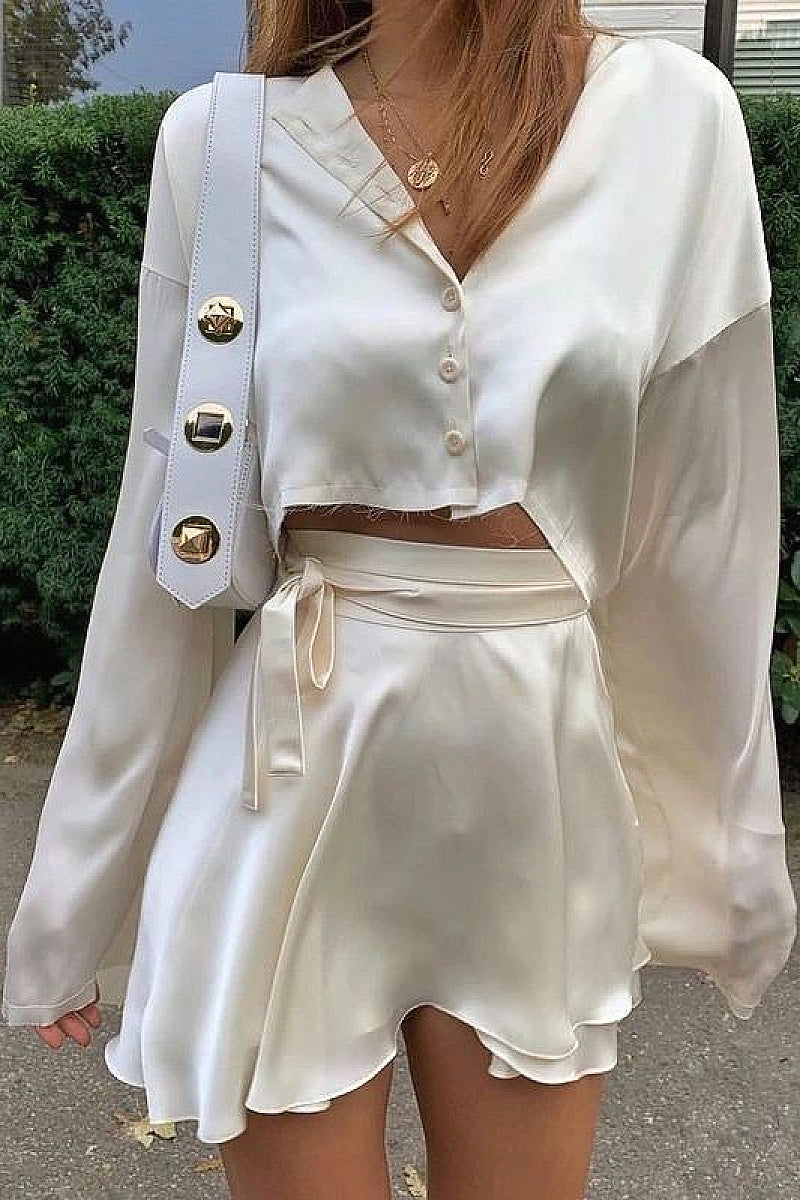 Elegant Satin Long Sleeve Button Cardigan Set