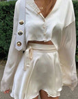 Elegant Satin Long Sleeve Button Cardigan Set