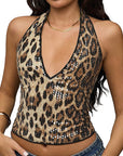 High Waist Leopard Sequin Halter Top for Women