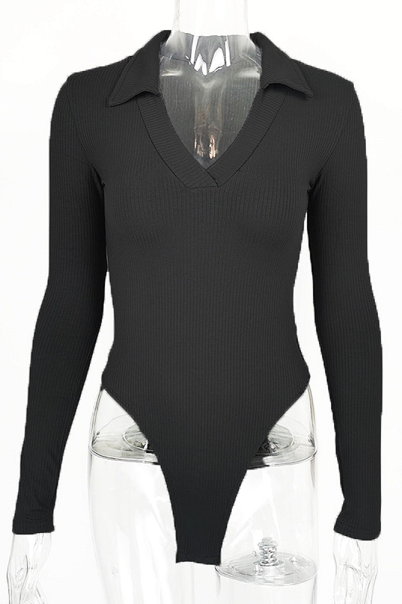 Fashionable Slim Fit Polo Neck Long Sleeve Top