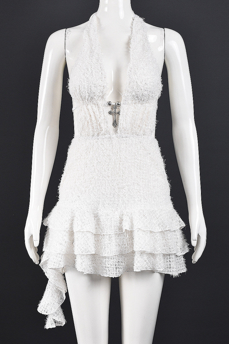 V-Neck Hollow Out Mini Dress with Tie Back