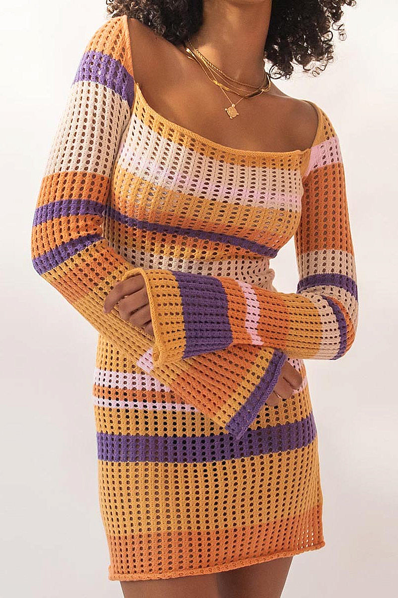 Autumn New Sexy Hollow Striped Knit Dress