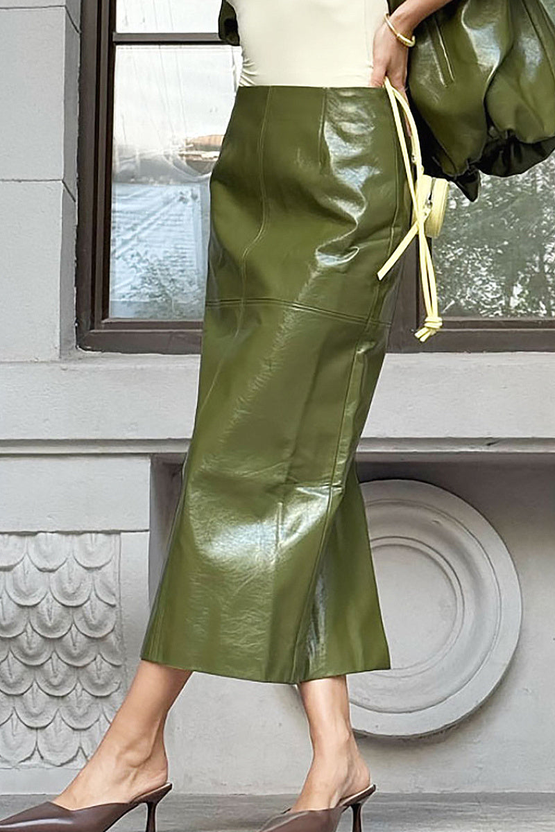 Elegant PU Leather Midi Skirt with Slit